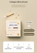 Dental chew packaging with ingredients listed on a beige background