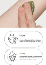 Hand applying a green gel to skin with step-by-step instructions below.