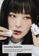 Person applying lipstick with a silicone applicator, text about convenient applicator.