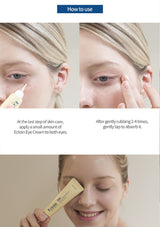 Instructions on how to use Ecolin Eye Cream with a woman applying it to her eyes.
