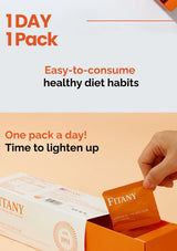 Orange packaging with a hand taking out a card labeled 'Fitany' against a light background.