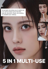 Close-up of a person applying makeup with text highlighting a 5-in-1 multi-use product.