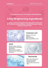 Product packaging with ingredients for dark spot solution on a pink background