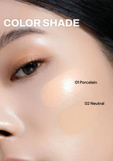 Close-up of a person's face with makeup swatches labeled '01 Porcelain' and '02 Neutral'.