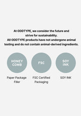 ODDTYPE sustainability information with icons and text on a white background