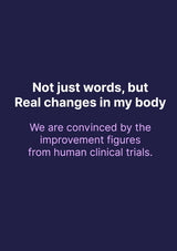 Text on a dark blue background about real changes in the body from clinical trials.