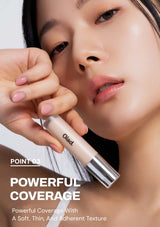Woman holding a cosmetic product with text about powerful coverage