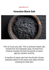 Hawaiian Black Salt in a wooden bowl with descriptive text about its origin and benefits.