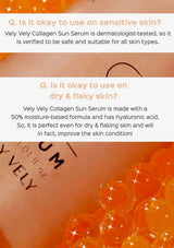 Vely Vely Collagen Sun Serum with text on safety for sensitive and dry/flaky skin.