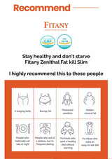 Advertisement for Fitany Zenithal Fat Kill Slim with icons and text on a white background