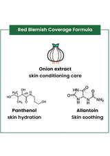An informational graphic for Red Blemish Coverage Formula, featuring a central onion icon and text highlighting onion extract skin conditioning care, with chemical formulas and names for Panthenol skin hydration and Allantoin skin soothing.