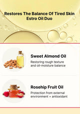 Advertisement for Estro Oil Duo with sweet almond oil and rosehip fruit oil on a beige background.