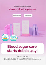 Advertisement for Zenithcal Glucowell Balsamic Vinegar with product packaging on a pink background.