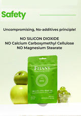 Green package with apples on a light green background, emphasizing safety and additive-free ingredients.