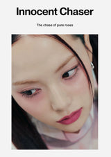 Close-up of a person with pink makeup and a blurred background, featuring the text 'Innocent Chaser' and 'The chase of pure roses'.