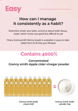Promotional graphic for Fitany Grannysmith Skinny Assabi with text and images of bottles and powder.