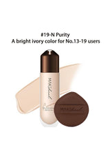 MAKEup forever foundation bottle with applicator and shade guide on a white background