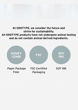 ODDTYPE sustainability information with icons and text on a light gray background