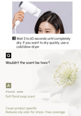 Woman using a hair dryer with text about drying time and product scent, featuring a white flower.
