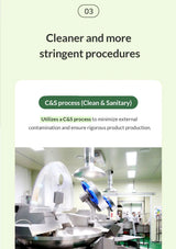 Clean and sanitary process in a manufacturing setting with text overlay on a green background.