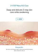 Advertisement for 3-STEP Nano N.D Care with a close-up of skin cells on a beige background.