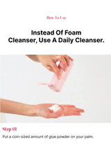 Hand applying glue powder from a small container onto a palm on a white background.