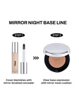 Cosmetic product set with mirror-brushed concealer and mirror moon cushion on a white background.