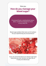 Text-based image about managing blood sugar with a red blood cell illustration on a white background.