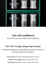 VELY VELY Prestige Collagen Age Ampoule packaging with test results on a white background