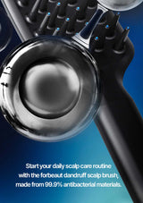 Dandruff scalp brush with a blue background and text about daily scalp care routine.