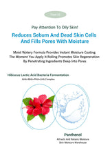 Product advertisement for a skincare formula with hibiscus and text about skin care benefits.