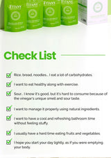 Checklist for healthy eating habits with Fitany products in the background