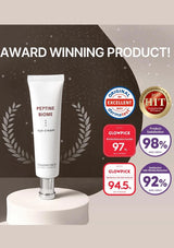 Peptide Biome eye cream with award badges on a dark background