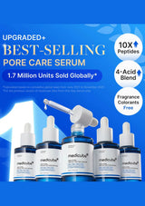 Medicube pore care serum bottles with dropper on a blue background