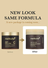 Before and after comparison of Medicube Deep Vita C Pad packaging on a beige background.