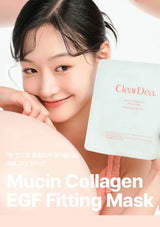 A smiling woman holds a ClearDea Mucin Collagen EGF Fitting Mask package in front of her face against a soft pink and white background.