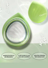 ClearDd cosmetic sponge applicator in light green, shown open with the white sponge inside and its matching cap nearby on a pale background with water droplets and feature callouts at the bottom.