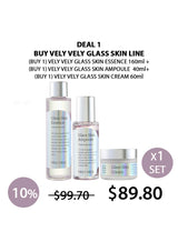 Vely Vely Glass Skin Line skincare products with pricing and discount information on a white background.