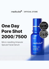 Blue facial serum bottle with 'medicube' branding on a white background