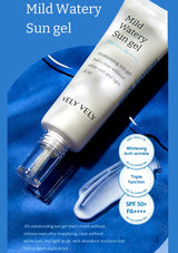 VELY VELY Mild Watery Sun gel packaging on a blue background