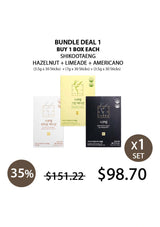 Product packaging for SHIKOOTAENG Diet Coffee in three flavors: Americano, Hazelnut, and Green Edition Limeade.