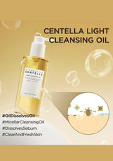 Centella Light Cleansing Oil bottle with dropper on a beige background