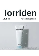 Torriden cleansing foam tube with water splash on a gray background