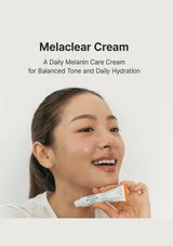 Woman holding a tube of Melaclear Cream with text about daily melanin care on a light background