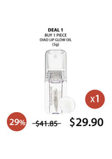 Clear lip oil with promotional text on a white background