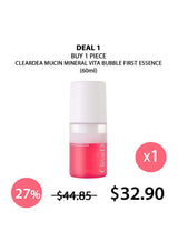 Cleardea Mucin Mineral Vita Bubble First Essence bottle with promotional text on a white background