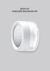 A white cylindrical body luv puresome washbsin tap shown on a solid gray background with text above reading 'BODYLUV PURESOME WASHBSIN TAP'.