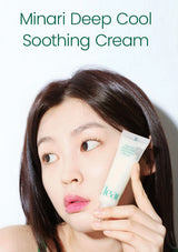 A woman holds a tube of Minari Deep Cool Soothing Cream next to her face against a plain white background, with the product name displayed at the top in teal text.
