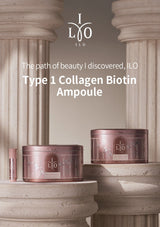 ILO Type 1 Collagen Biotin Ampoule packaging on stone columns with brand name displayed.