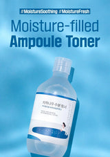Moisture-filled ampoule toner bottle with blue background and text.